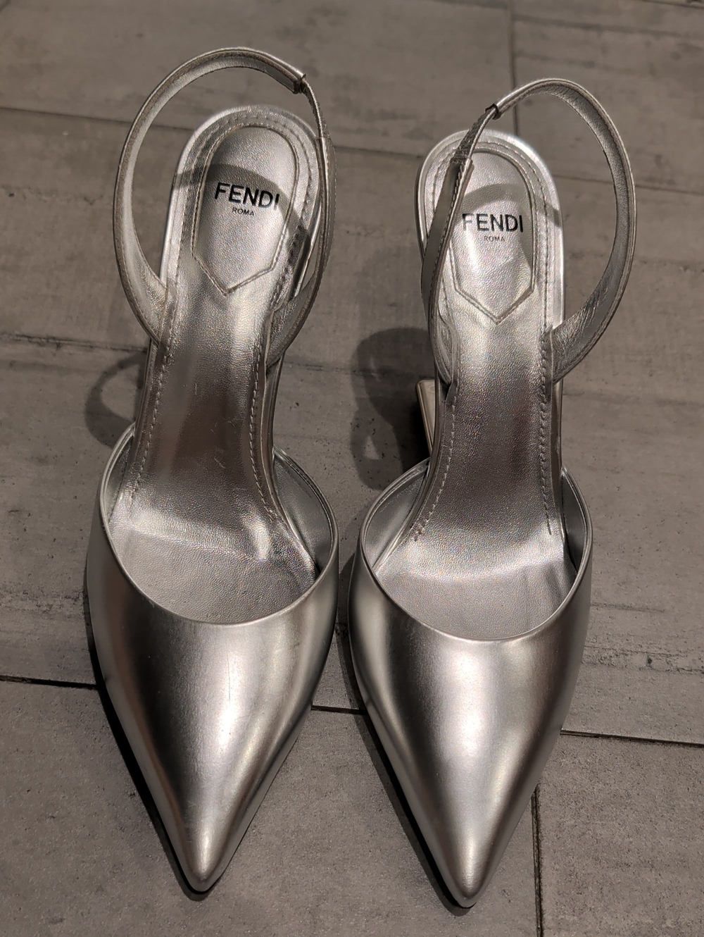 Fendi Metallic Silver Pointed Slingback Heels